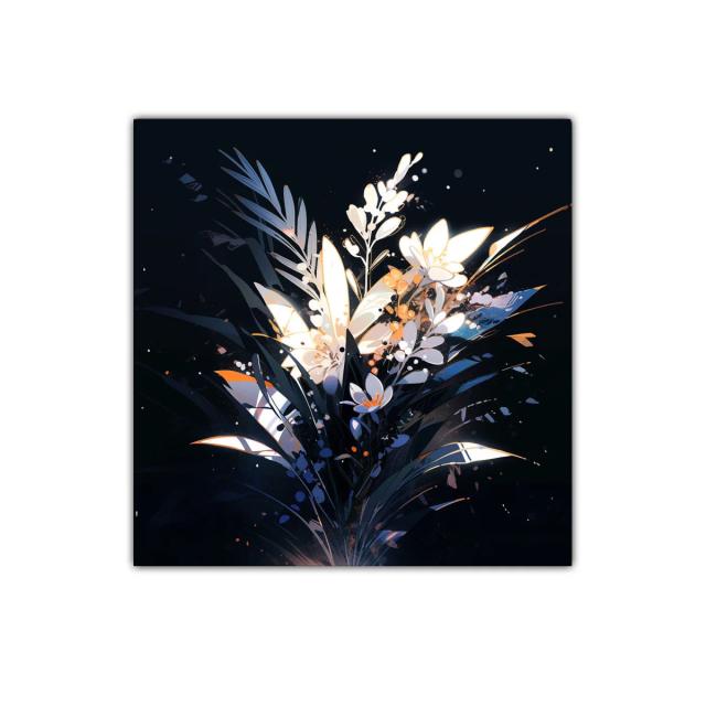 Cuadro moderno con ramo floral iluminado sobre fondo oscuro