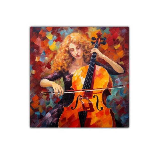 Mujer tocando violonchelo con vibrantes colores cálidos