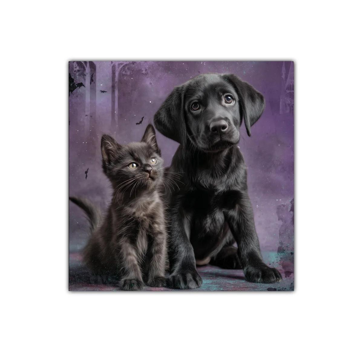 Tierno cuadro de cachorro y gatito sobre fondo violeta