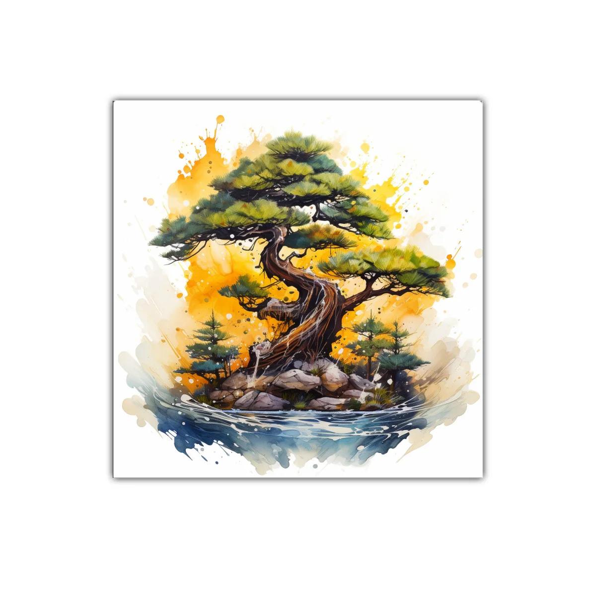 Árbol bonsái con paisaje vibrante y acuarela expresiva — miniatura 1