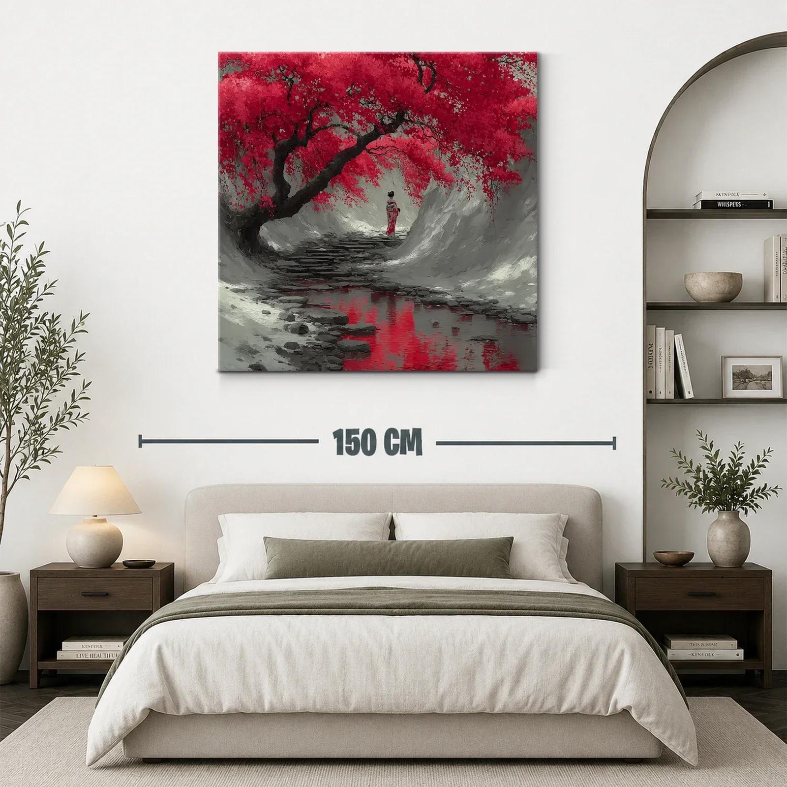 Camino sereno bajo cerezos en flor rojo intenso — miniatura 3