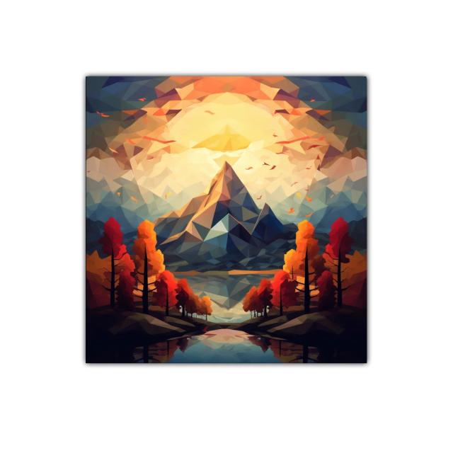 Paisaje geométrico de montaña con tonos cálidos y vibrantes