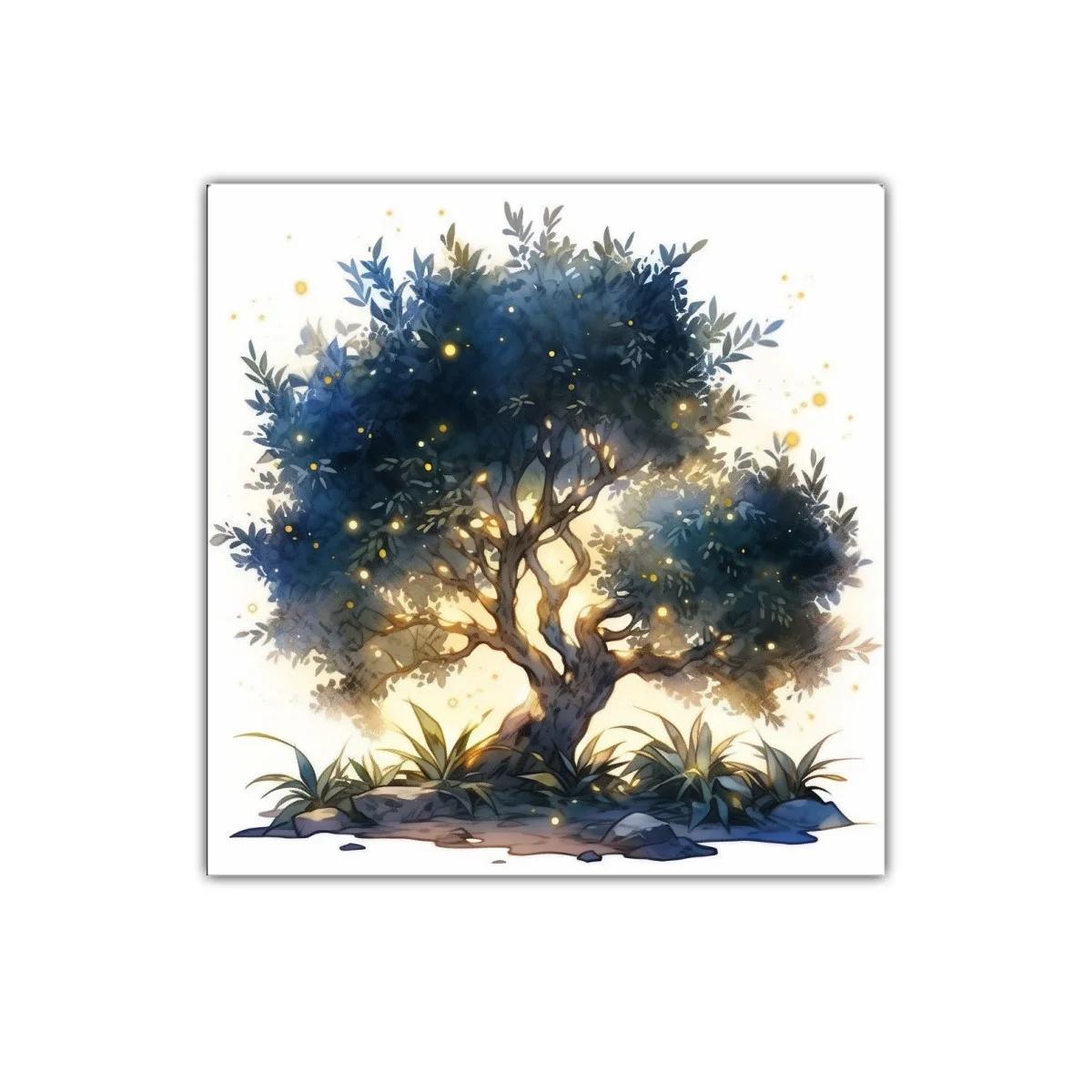 Árbol iluminado con luces doradas sobre paisaje natural — imagen principal