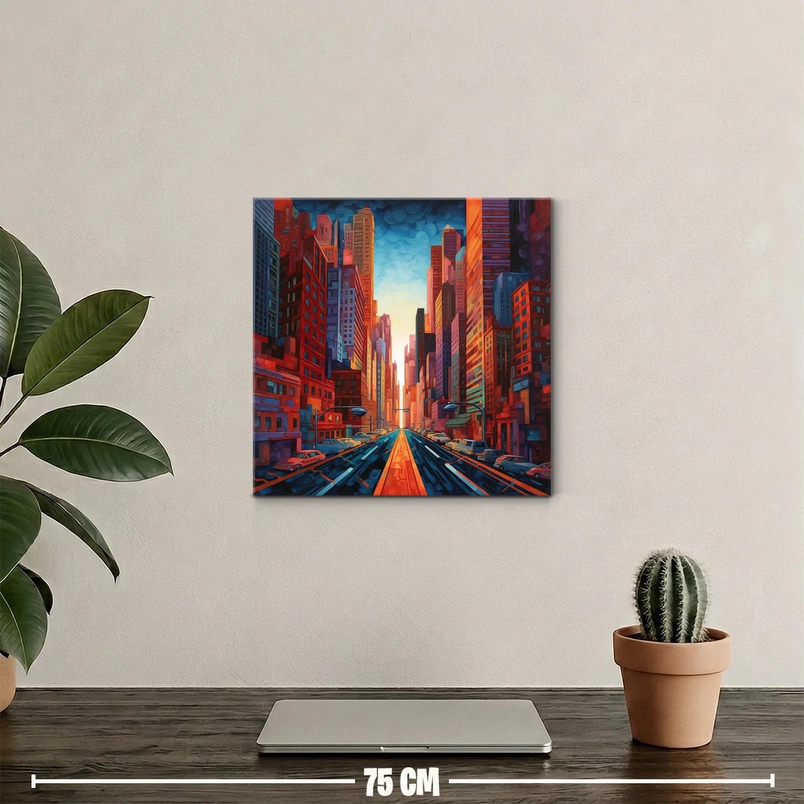 Cuadro urbano con arquitectura vibrante y luz cálida al atardecer — miniatura 2