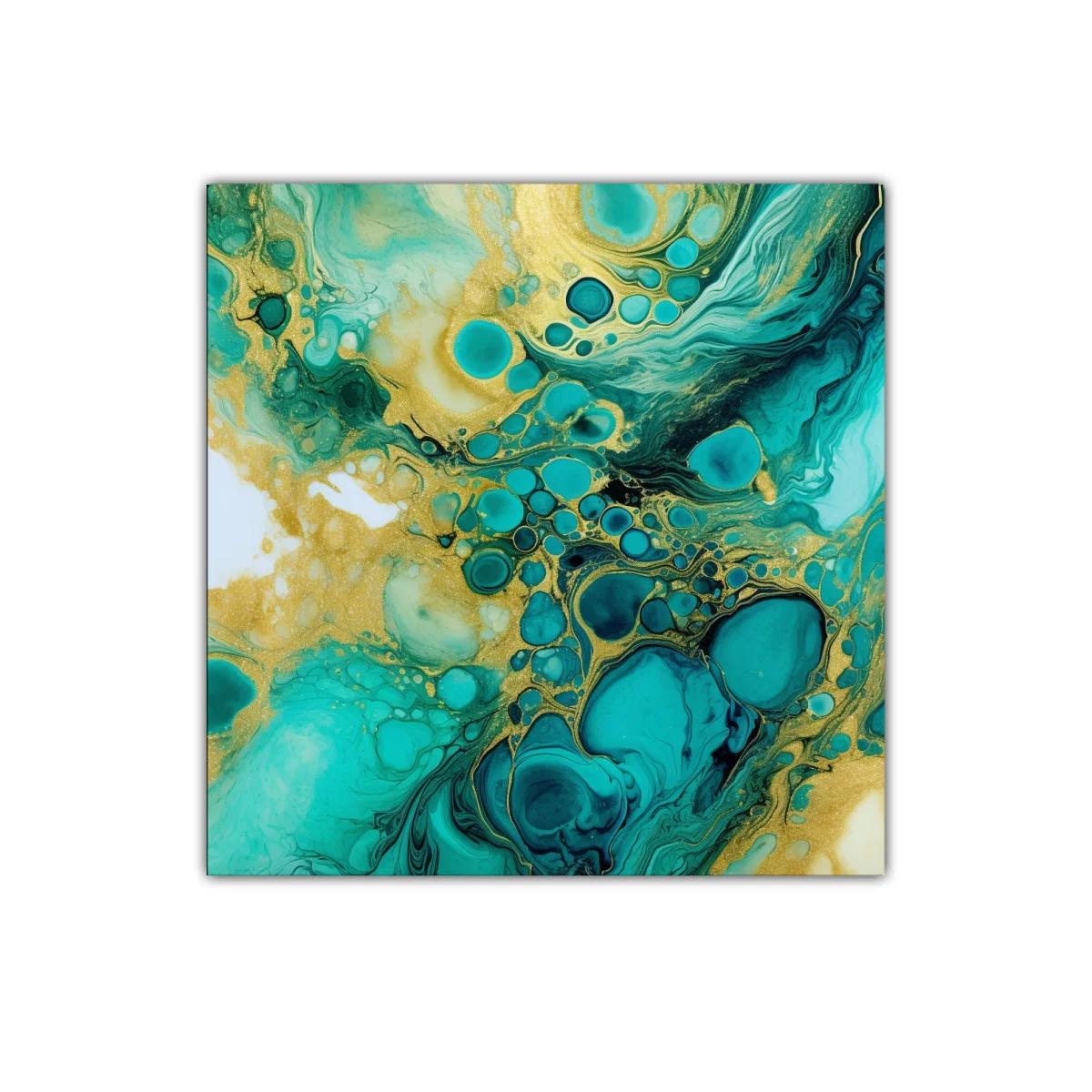Cuadro decorativo con efecto mármol en tonos turquesa y dorado