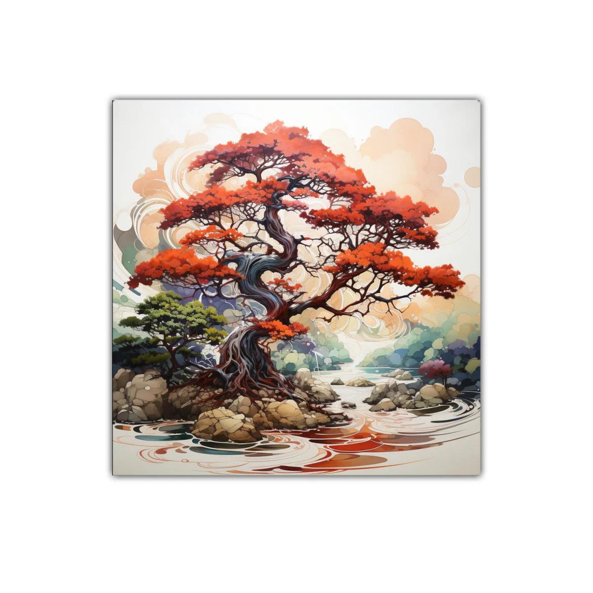 Árbol rojo sobre río con rocas y paisaje sereno — imagen principal