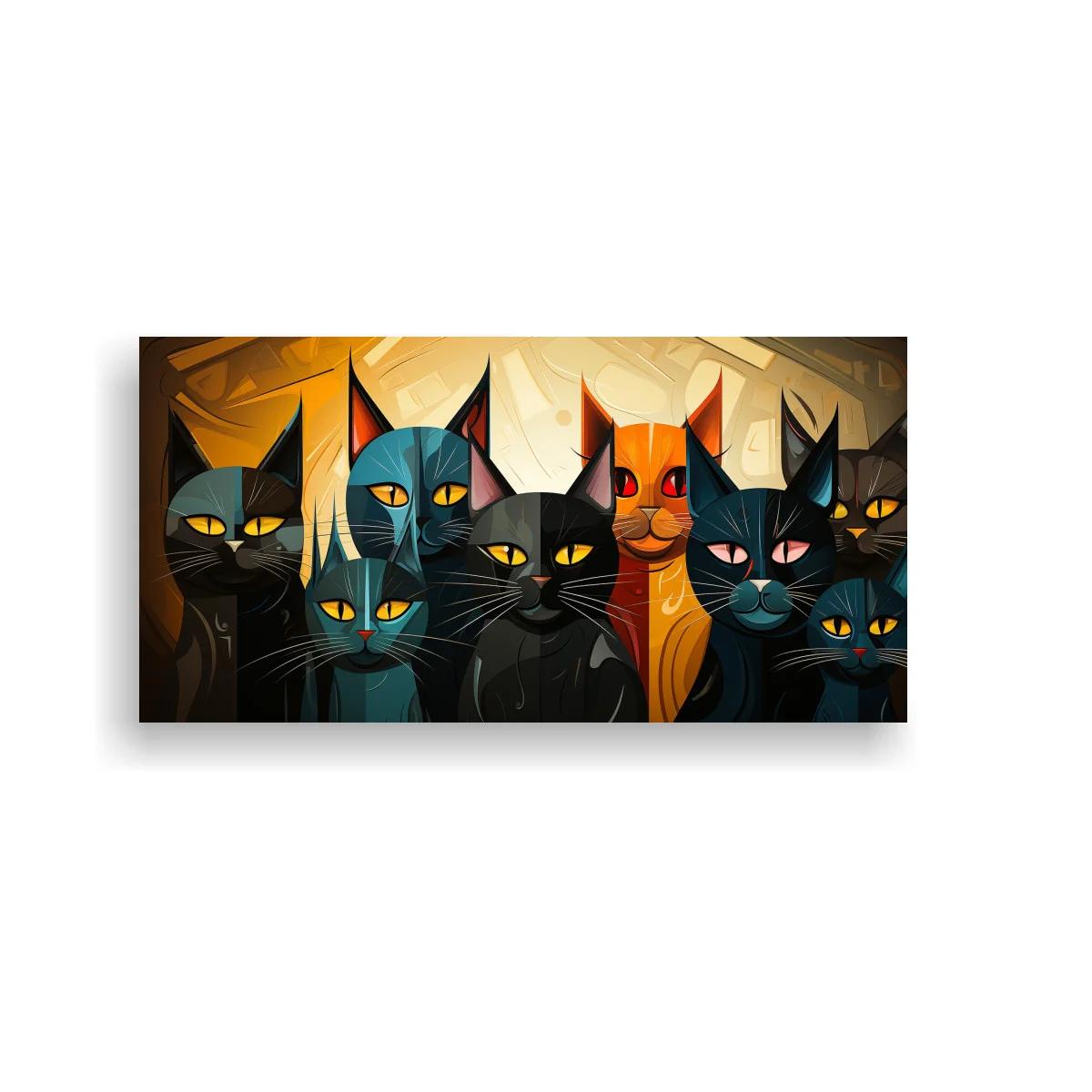 Cuadro grupo de gatos negros y naranjas sobre un fondo angular