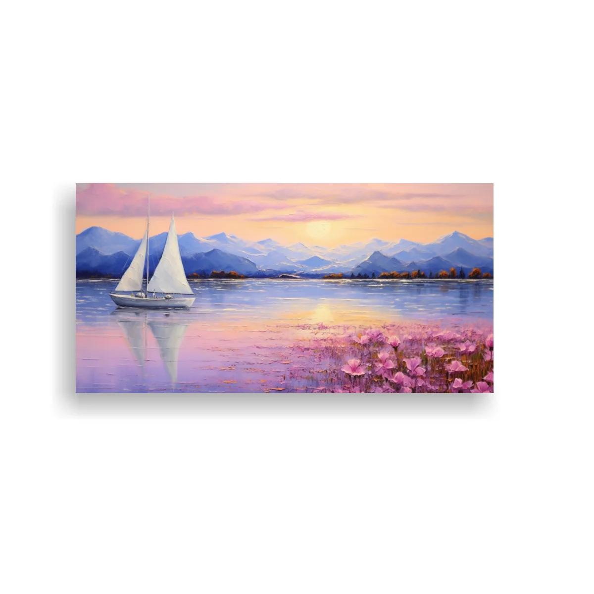 Cuadro velero blanco en un lago con flores rosadas — imagen principal