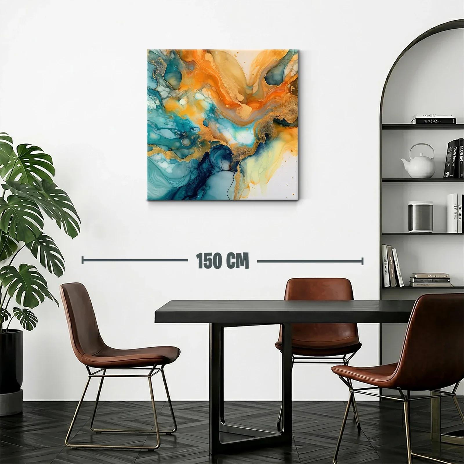 Cuadro abstracto en tonos turquesa y dorado vibrante — miniatura 2