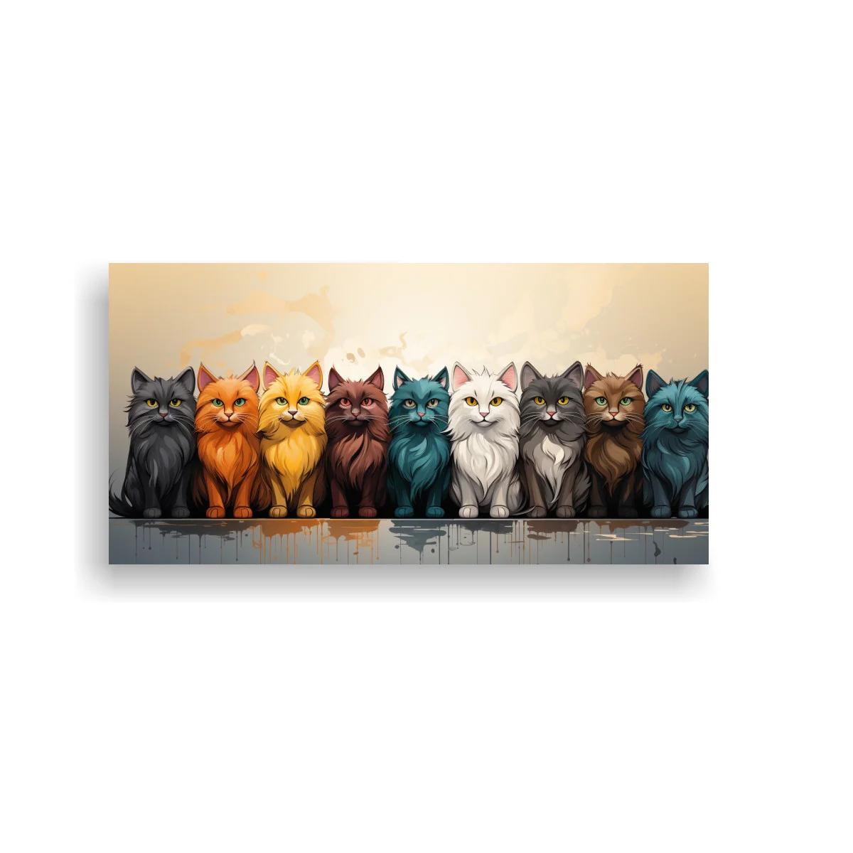Cuadro fila de gatos sentados con salpicaduras de pintura