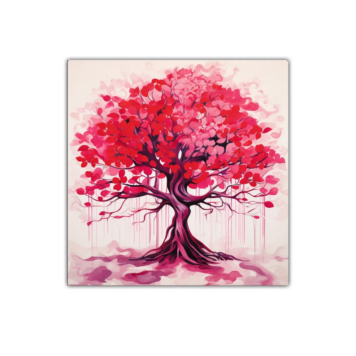 Cuadro moderno árbol con follaje en tonos rojos y rosa