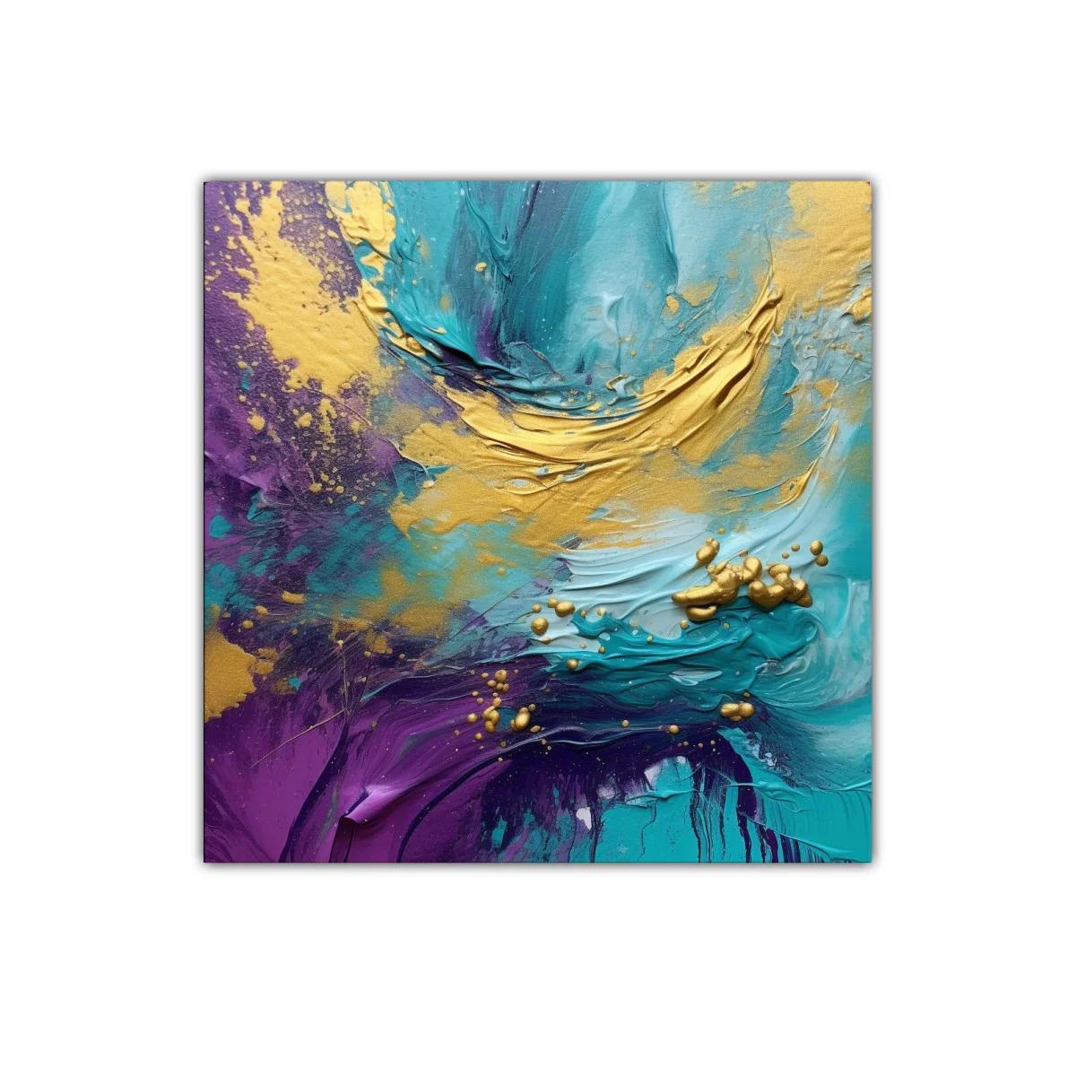 Cuadro abstracto vibrante en tonos turquesa y dorado