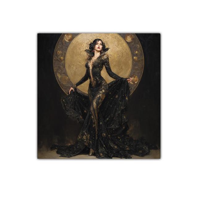 Dama elegante con aura dorada y vestido negro de lujo