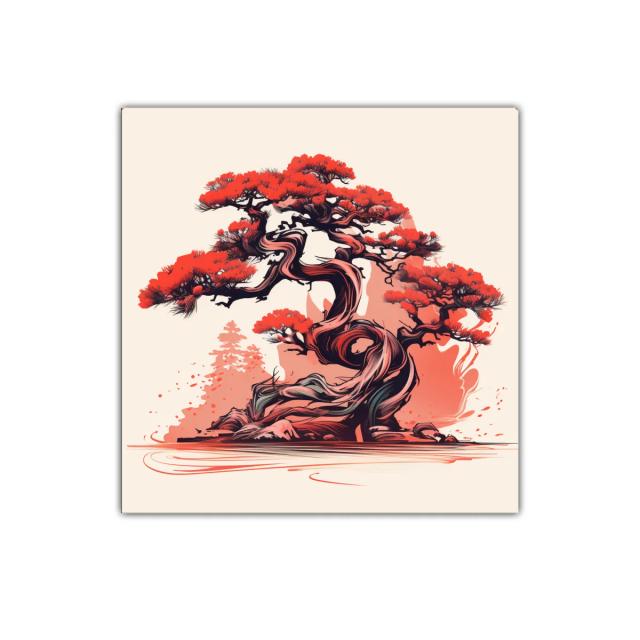 Árbol bonsái con vibrantes tonos rojos y negros