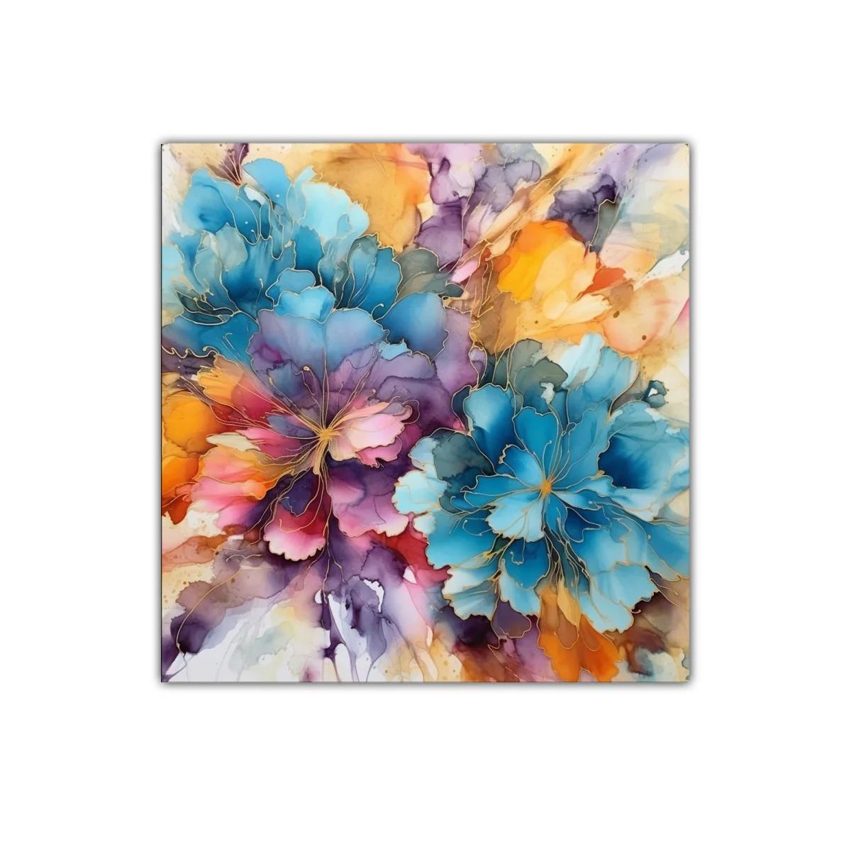 Cuadro floral abstracto en vibrantes tonos azul y naranja — imagen principal