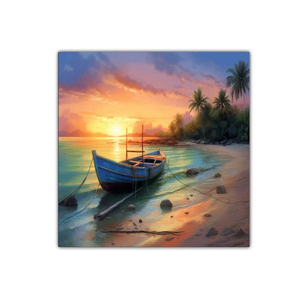 Atardecer tranquilo en playa con barca amarrada
