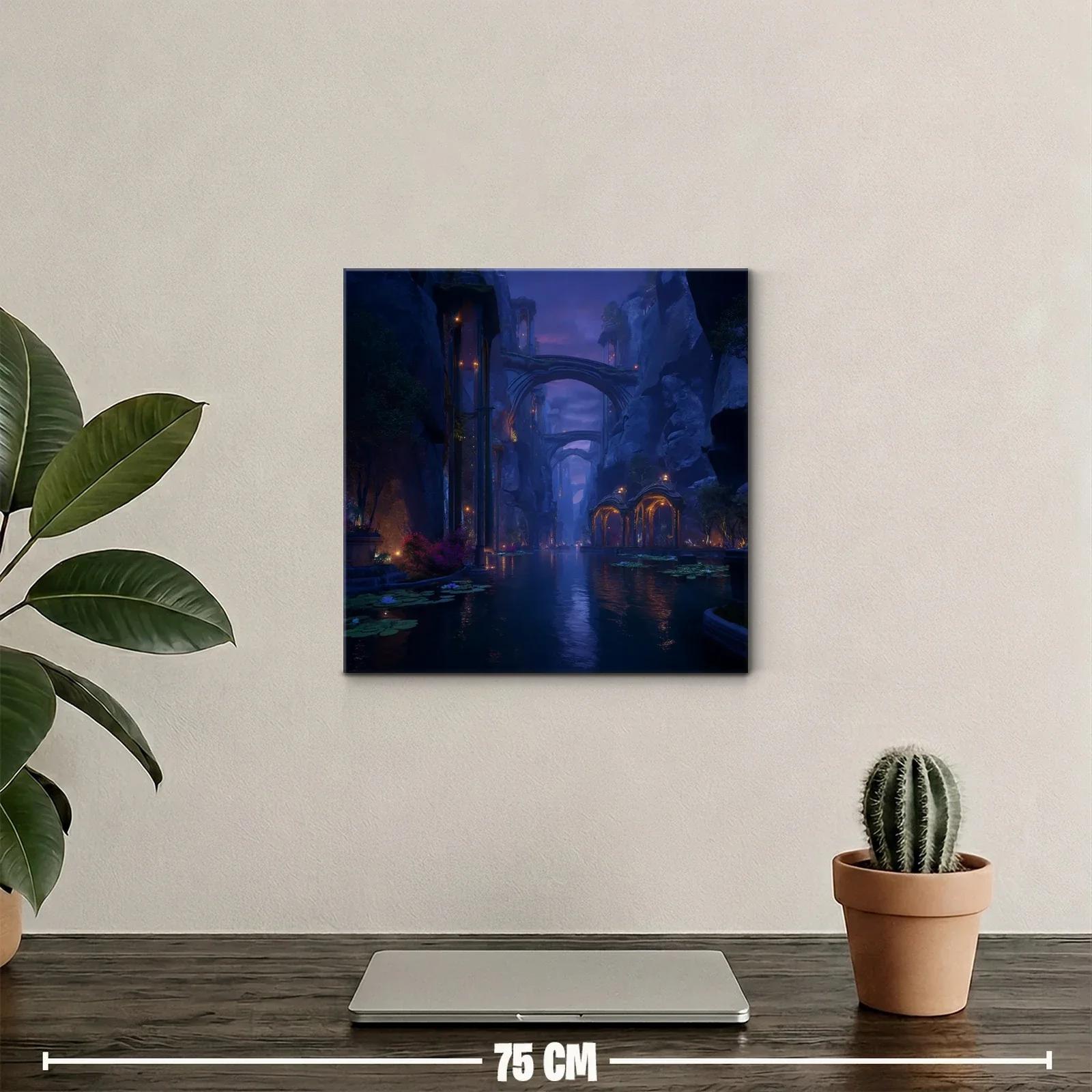 Paisaje nocturno místico en cañón con arcos iluminados — miniatura 2