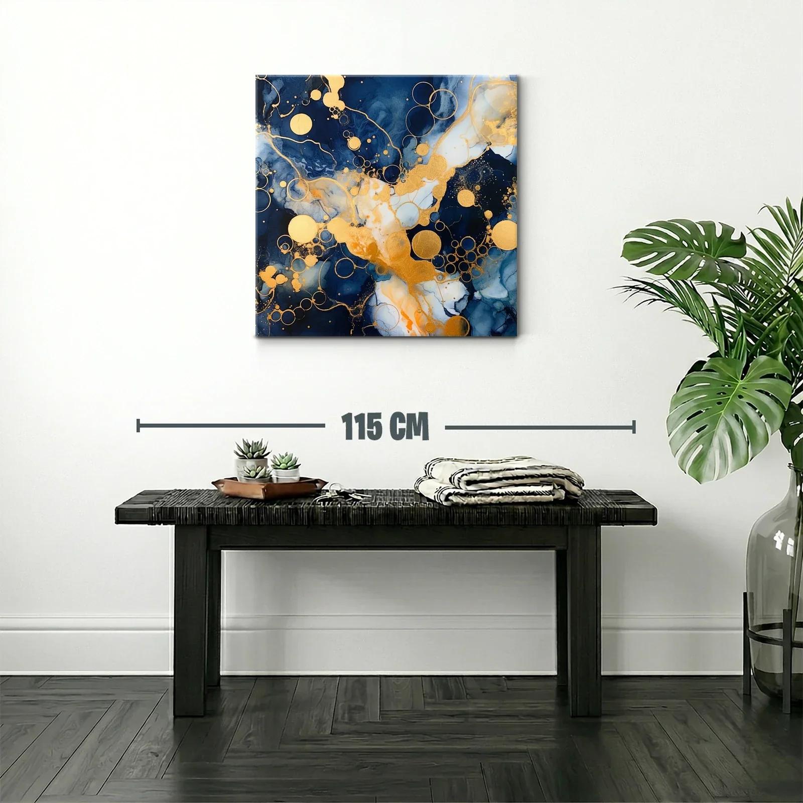 Cuadro abstracto con círculos dorados y tonos azul profundo — miniatura 2