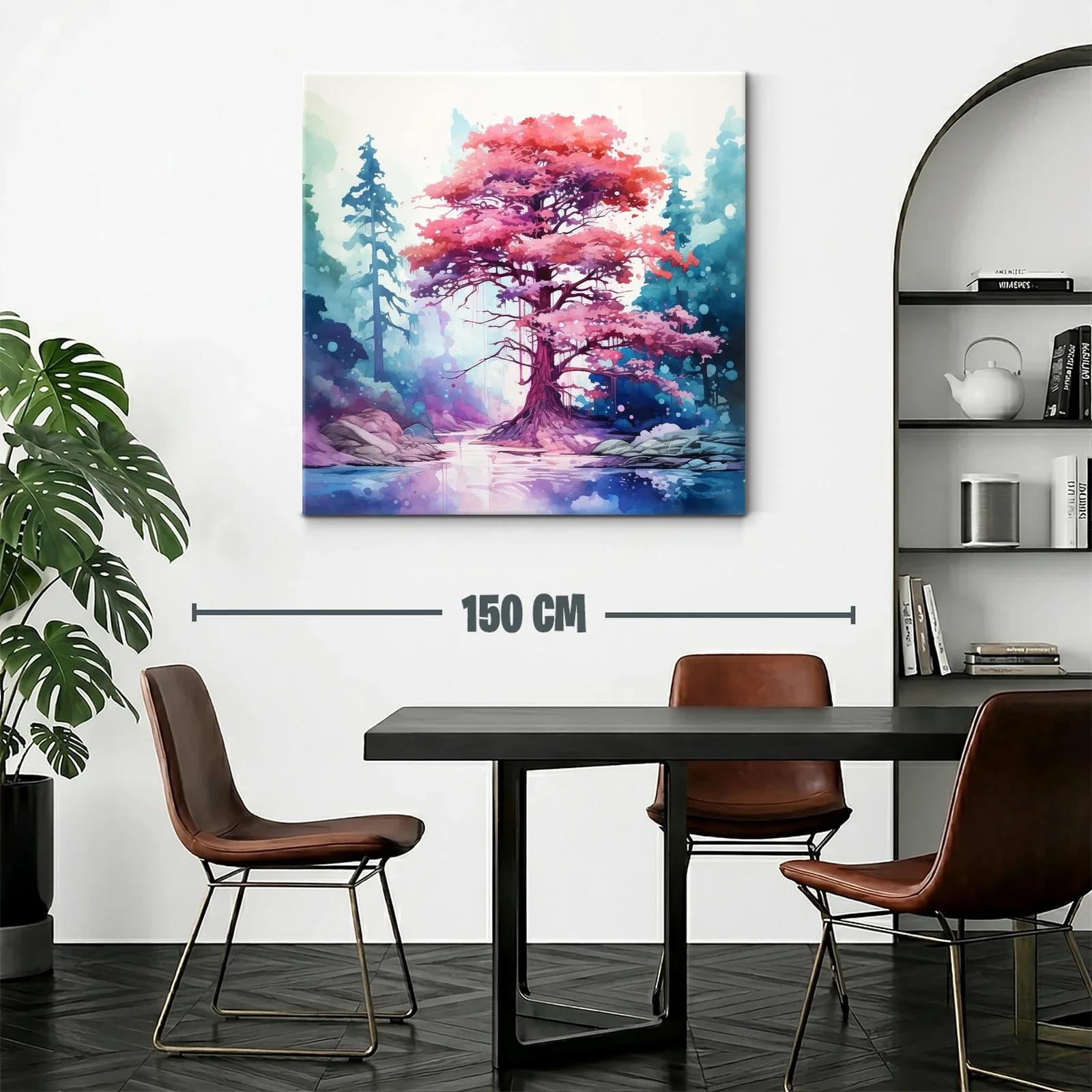 Árbol rosa mágico entre bosque azul y lago tranquilo — miniatura 2