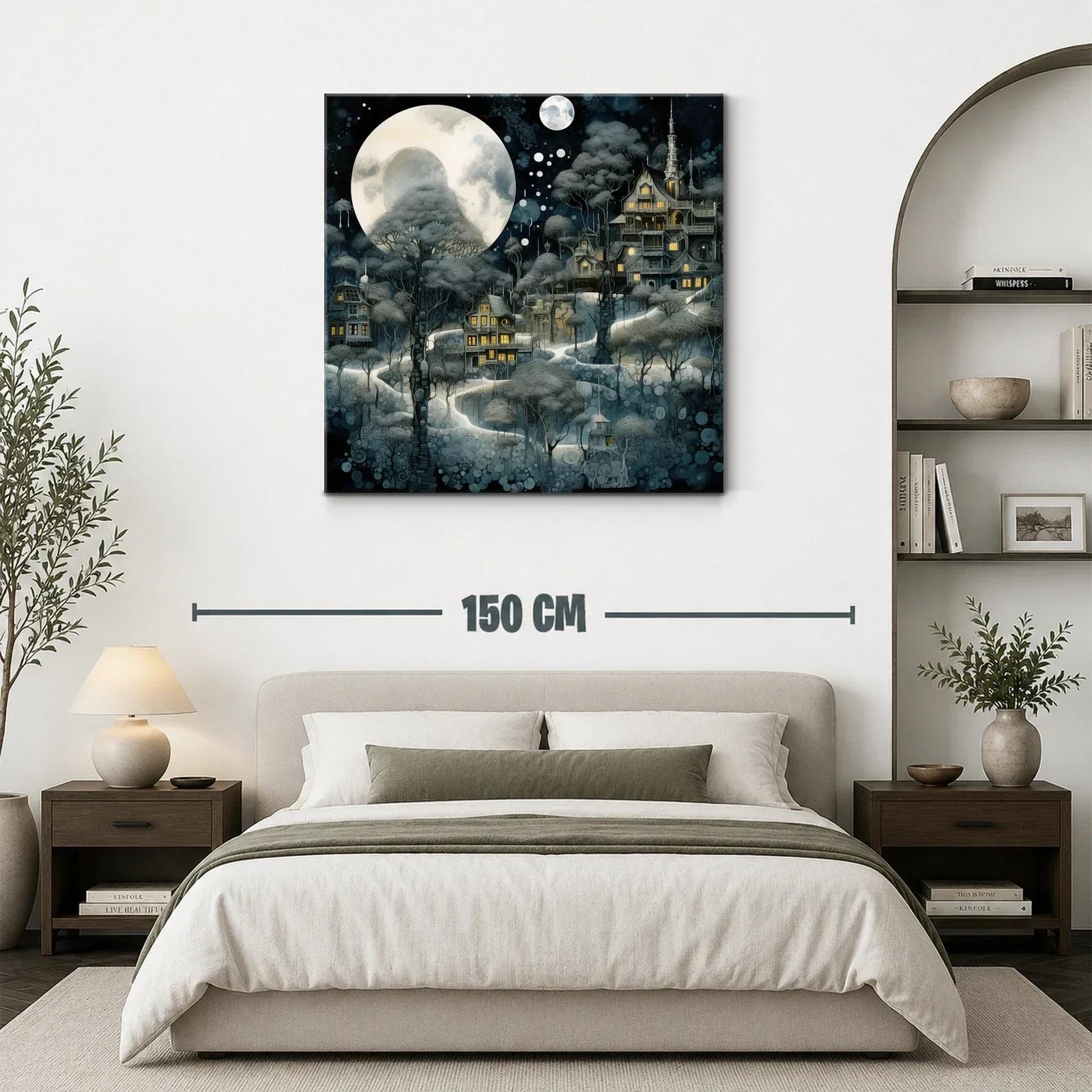 Pueblo encantado bajo la luna llena y árboles del bosque — miniatura 3