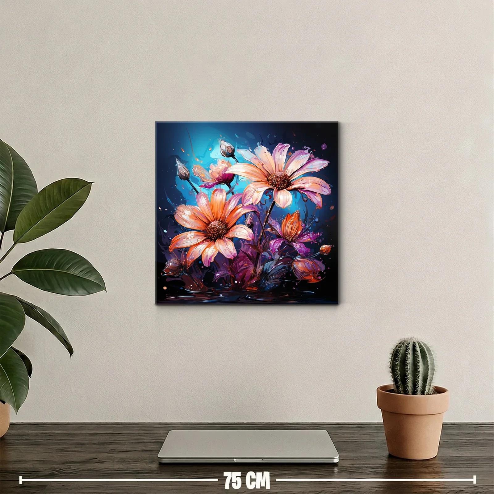 Cuadro con flores vibrantes en tonos cálidos y fondo azul — miniatura 2