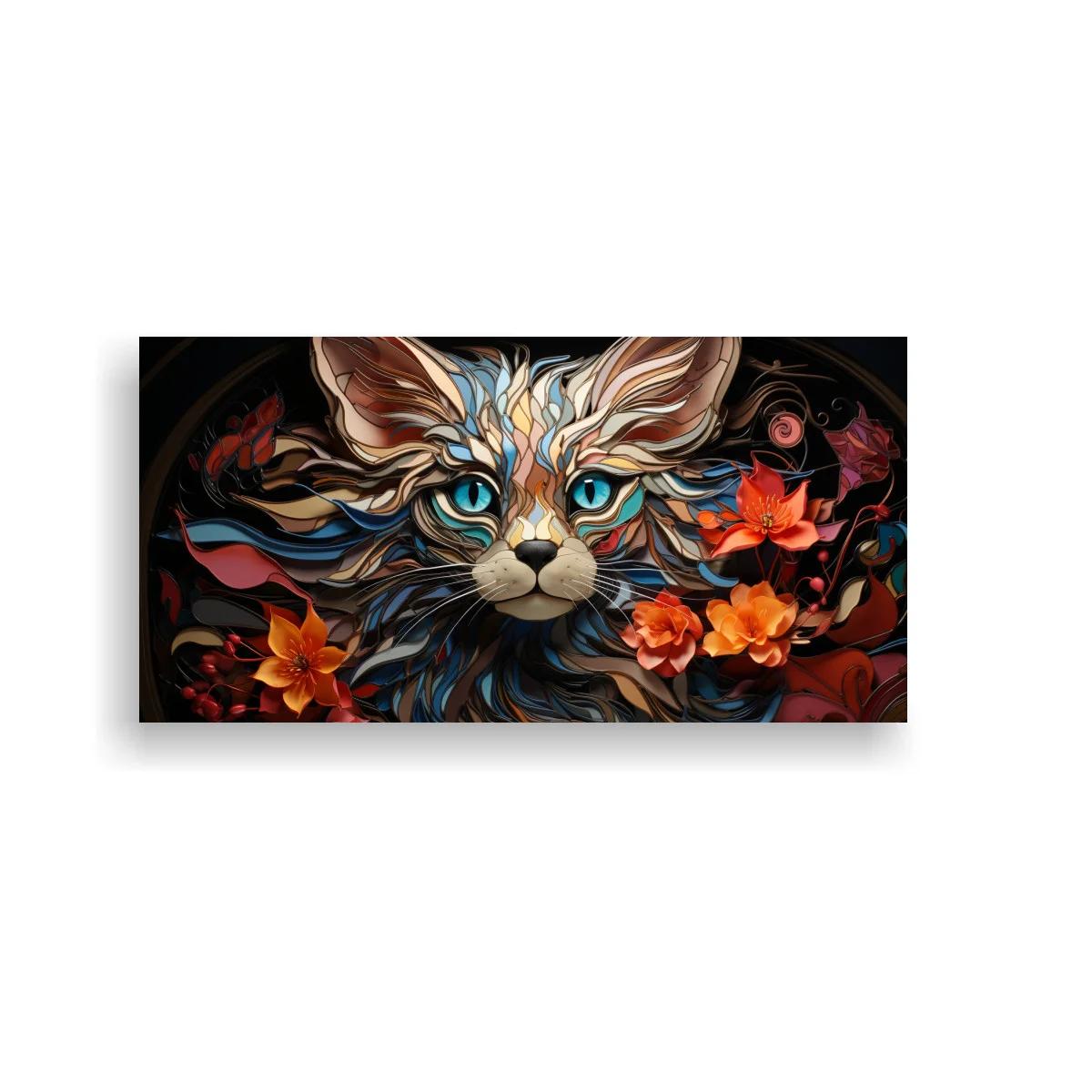 Cuadro gato de pelo largo con ojos azules y flores tropicales — imagen principal