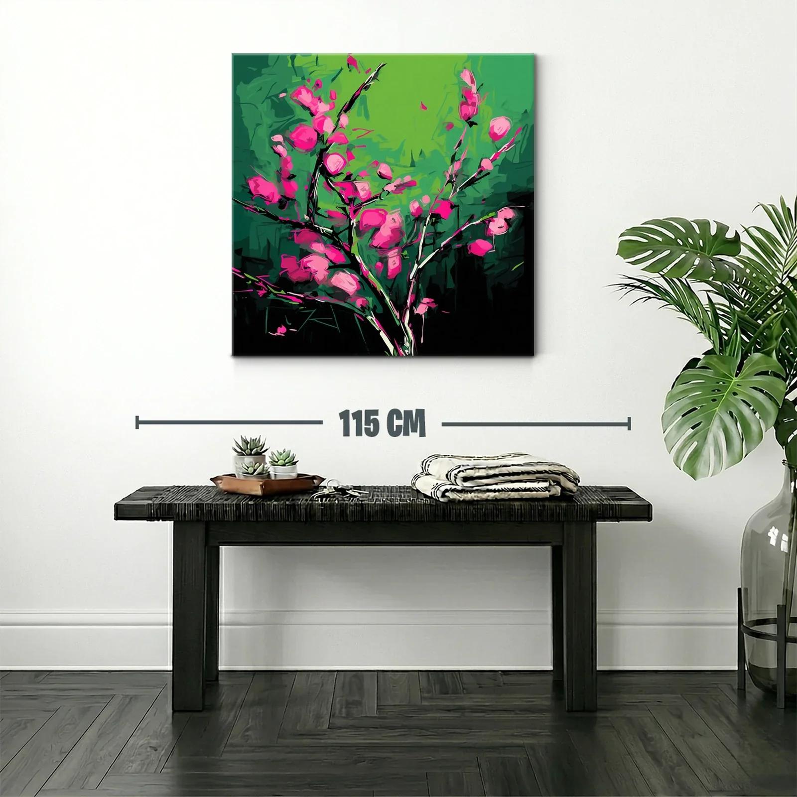 Cuadro vibrante con flores fucsias sobre fondo verde — miniatura 2