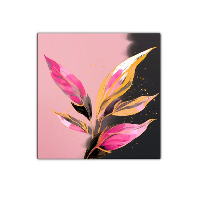 Cuadro decorativo hojas vibrantes en tonos rosa y dorado