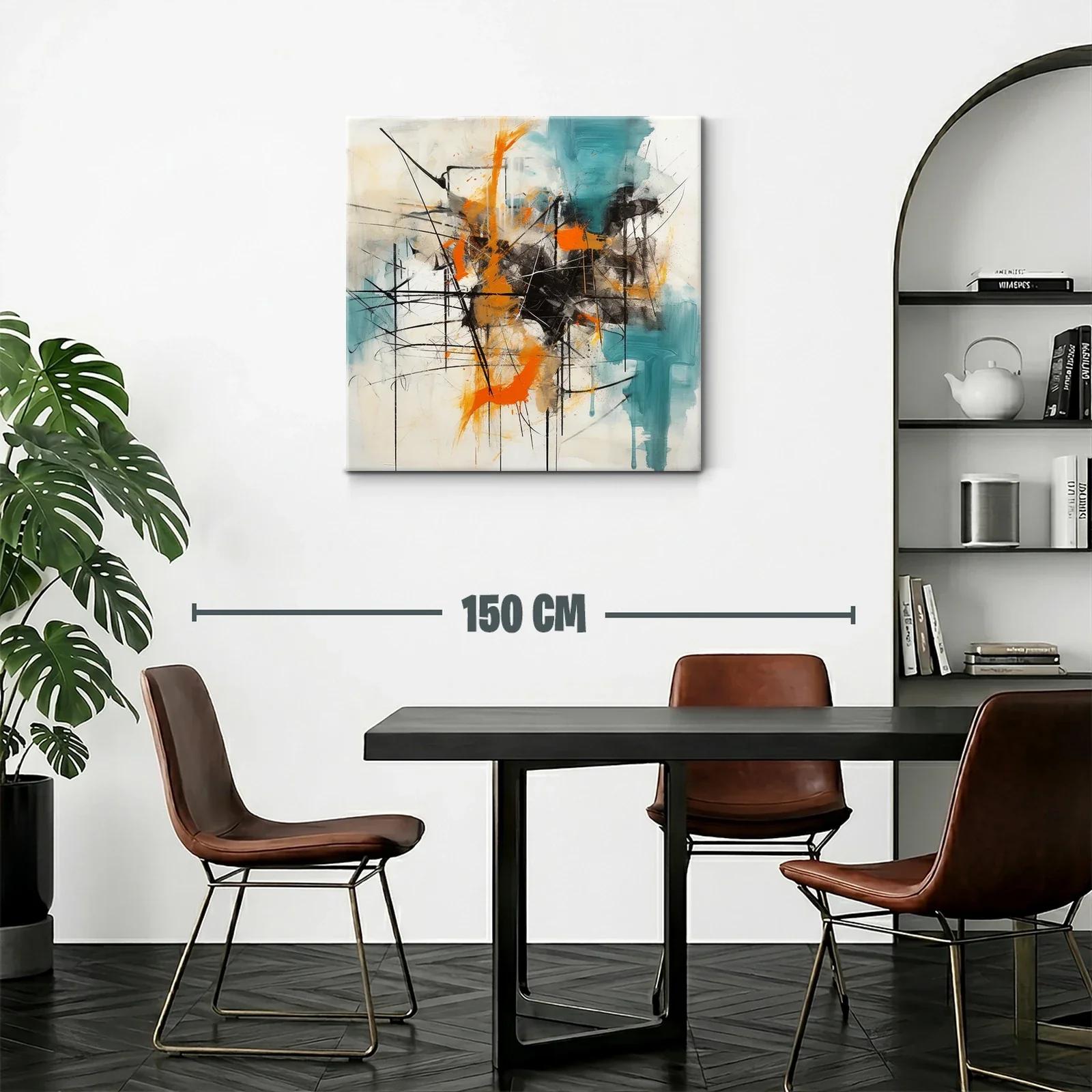 Cuadro abstracto con trazos en naranja y turquesa vibrante — miniatura 2
