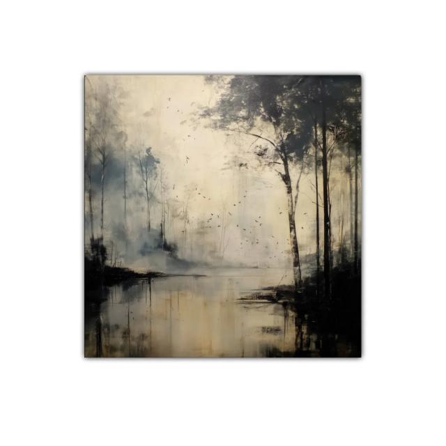 Paisaje sereno con árboles y reflejos en tonos neutros