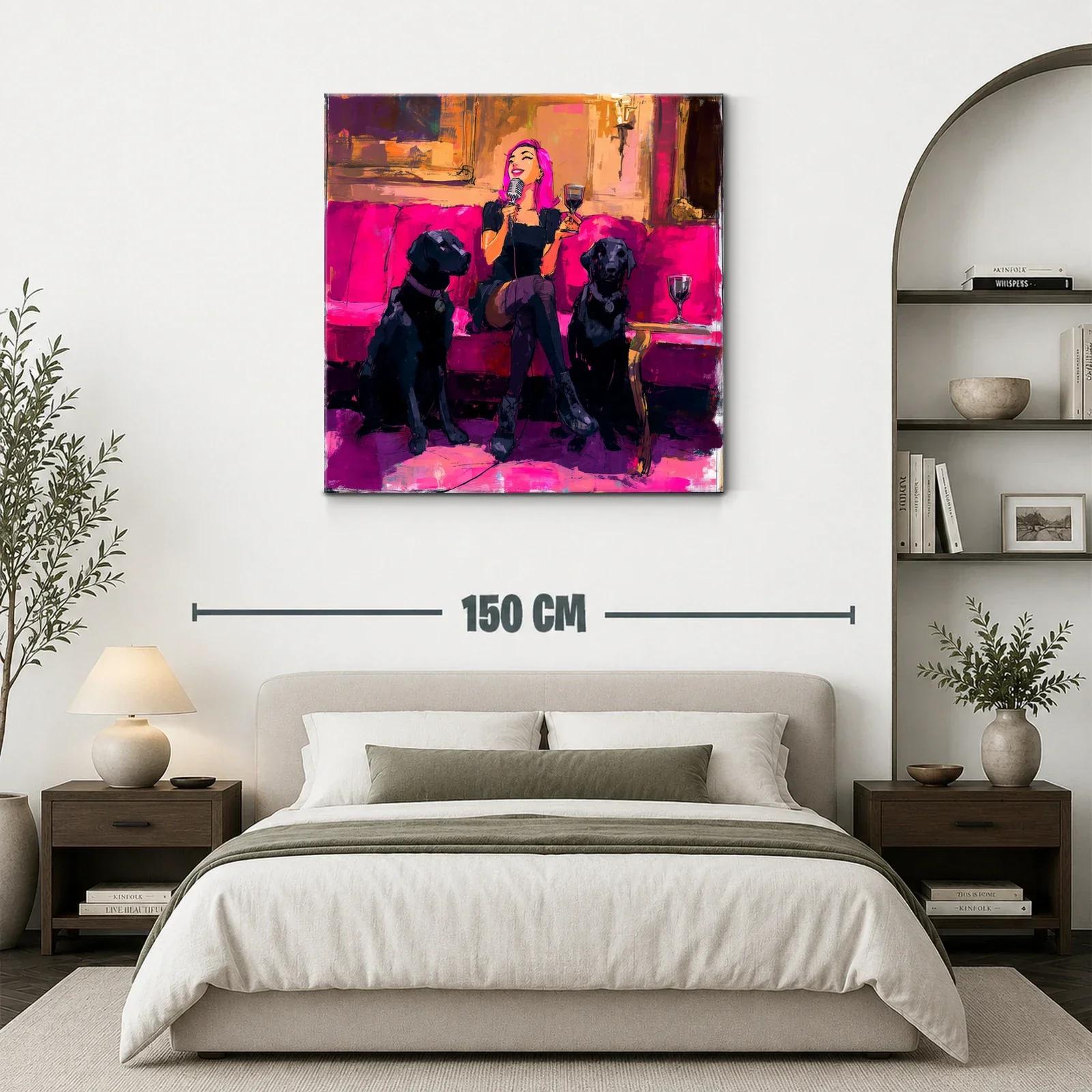 Divertida escena nocturna con mujer y perros en tonos fucsia — miniatura 3