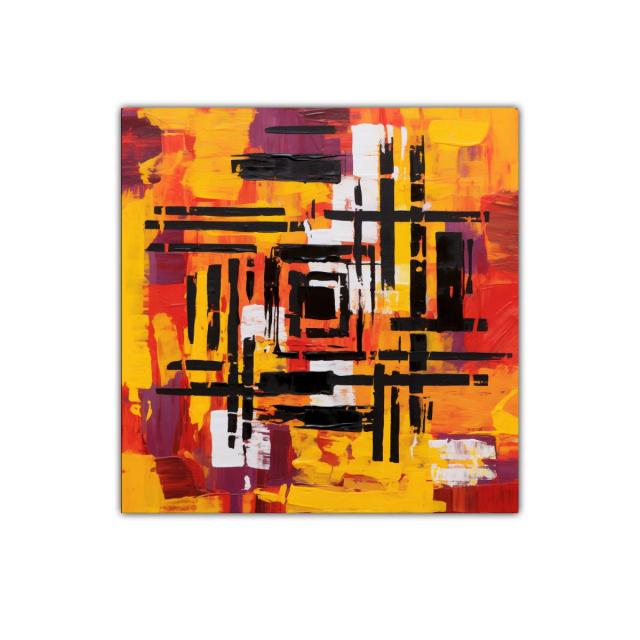 Cuadro abstracto con vibrantes tonos cálidos y motivos geométricos