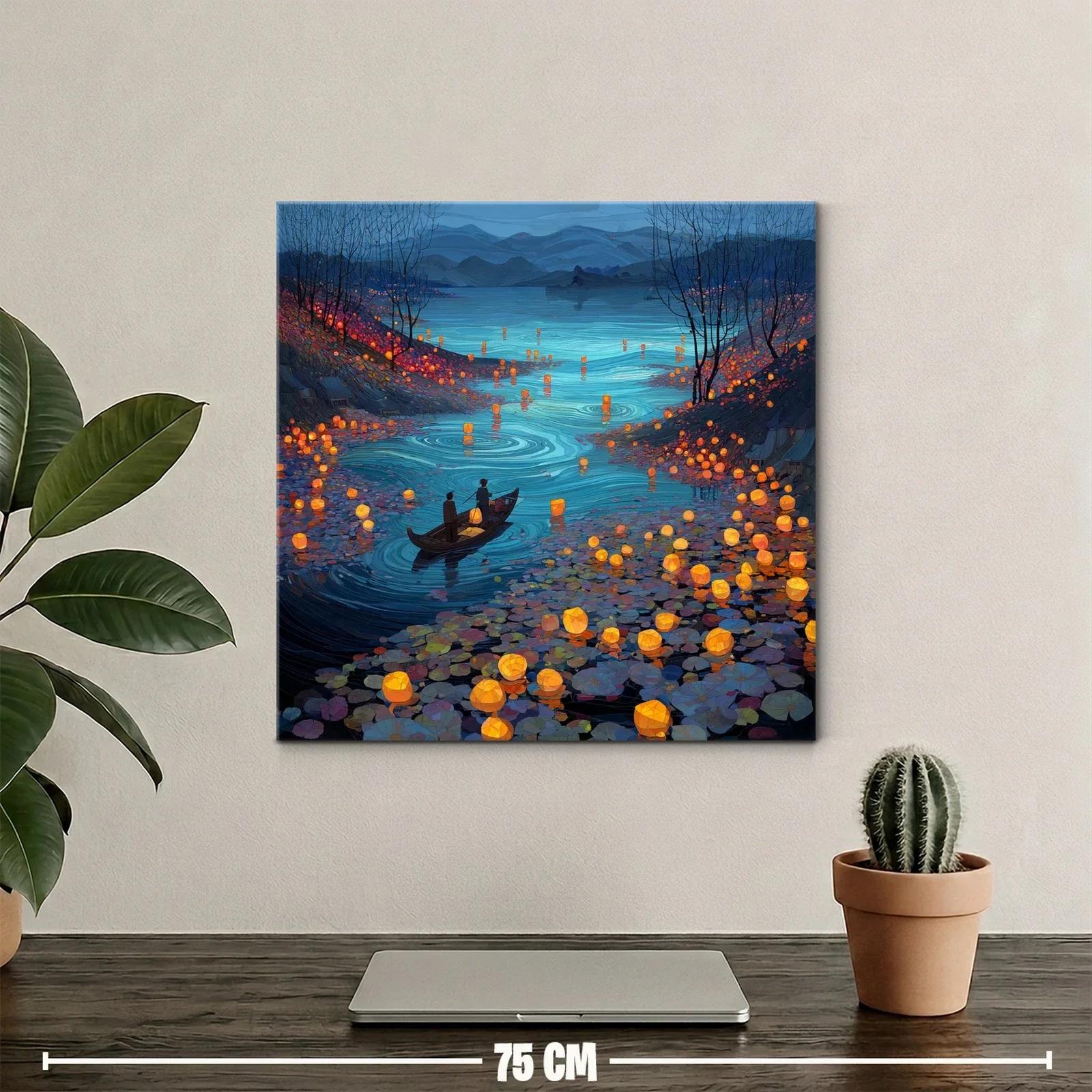 Río iluminado con faroles flotantes al atardecer — miniatura 2