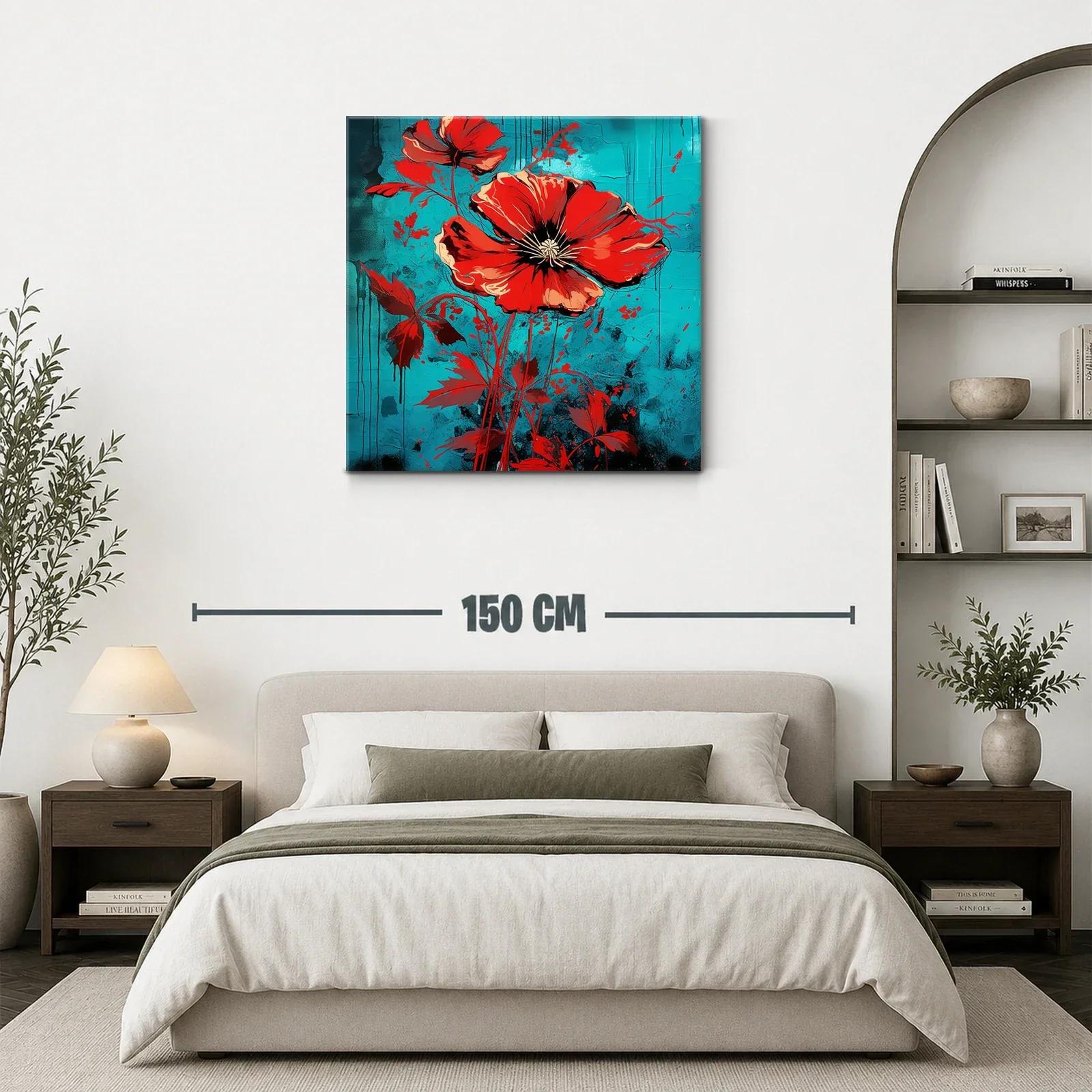 Llamativo cuadro floral con amapolas rojas y fondo azul — miniatura 3
