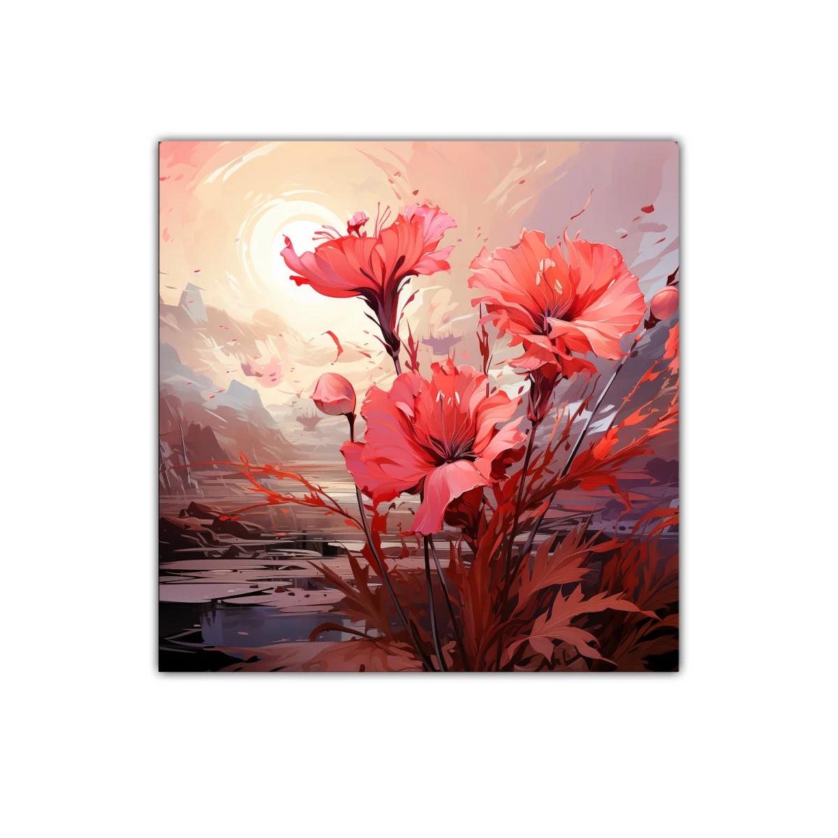 Cuadro floral con vibrantes tonos rojos y atardecer suave