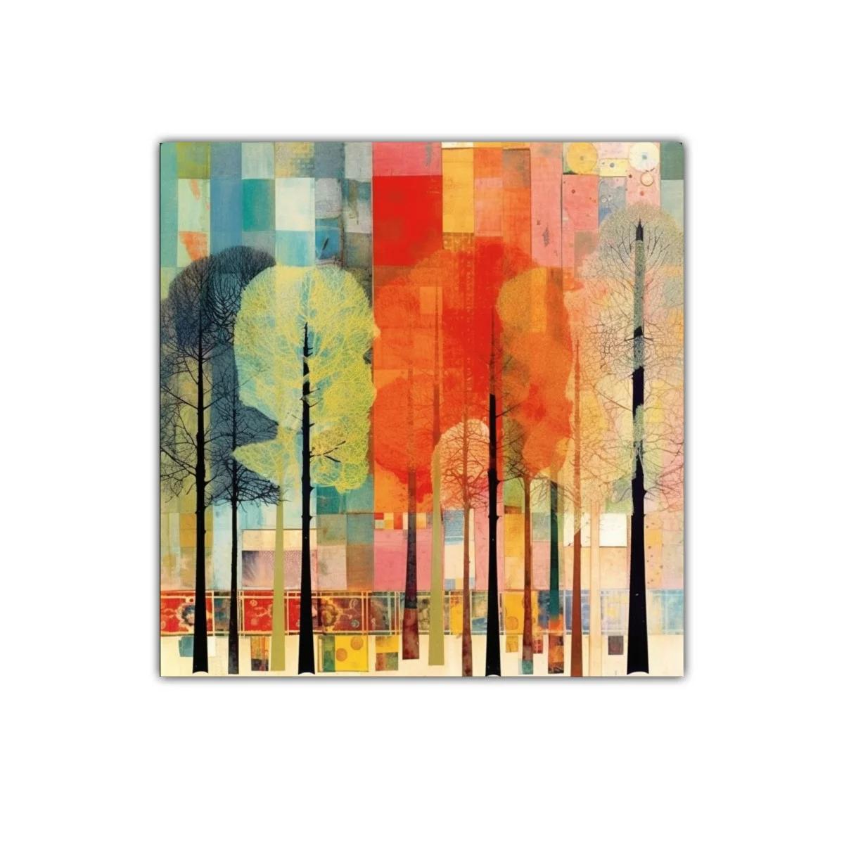 Bosque en colores vibrantes con árboles estilizados