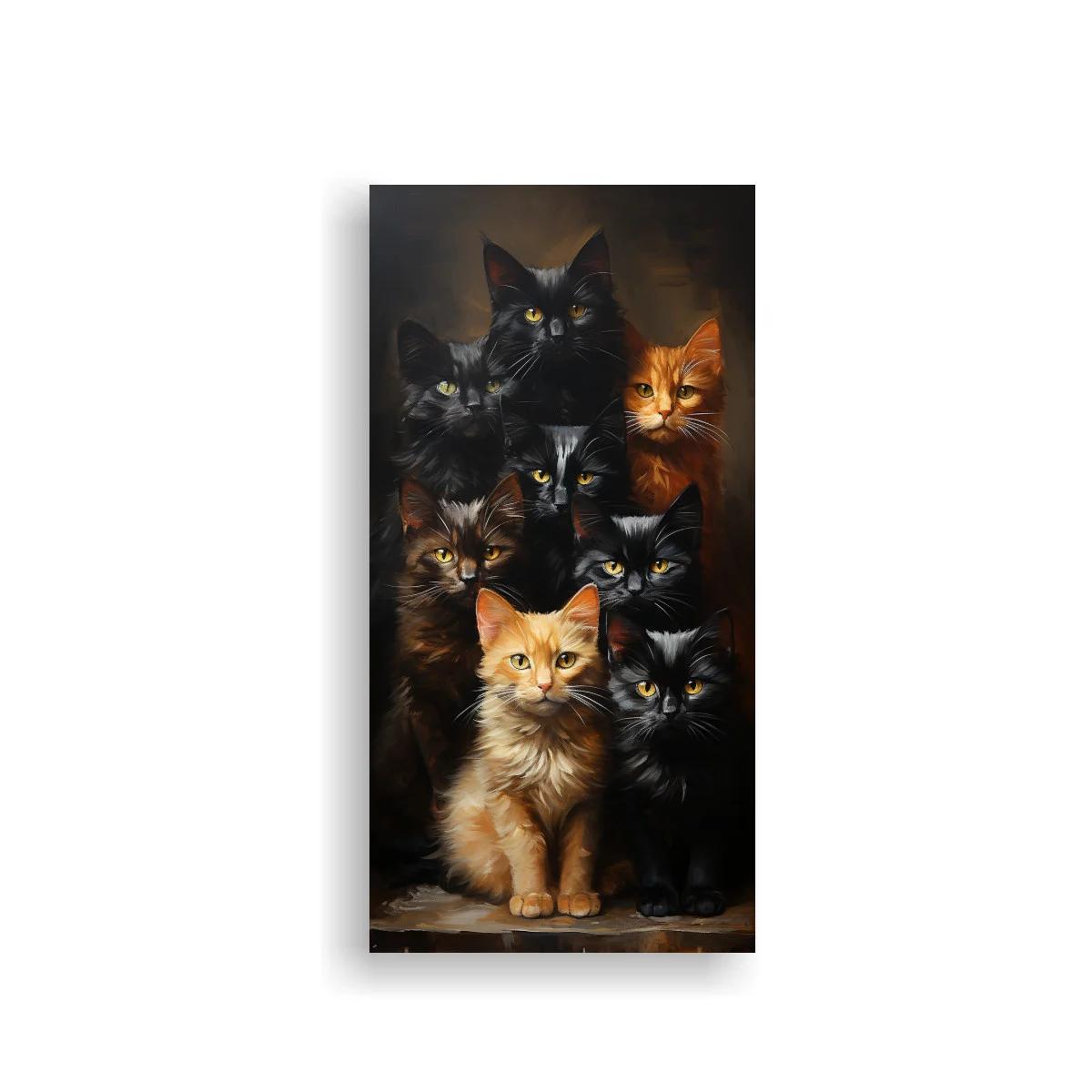 Cuadro grupo de gatos con gatito naranja y fondo oscuro