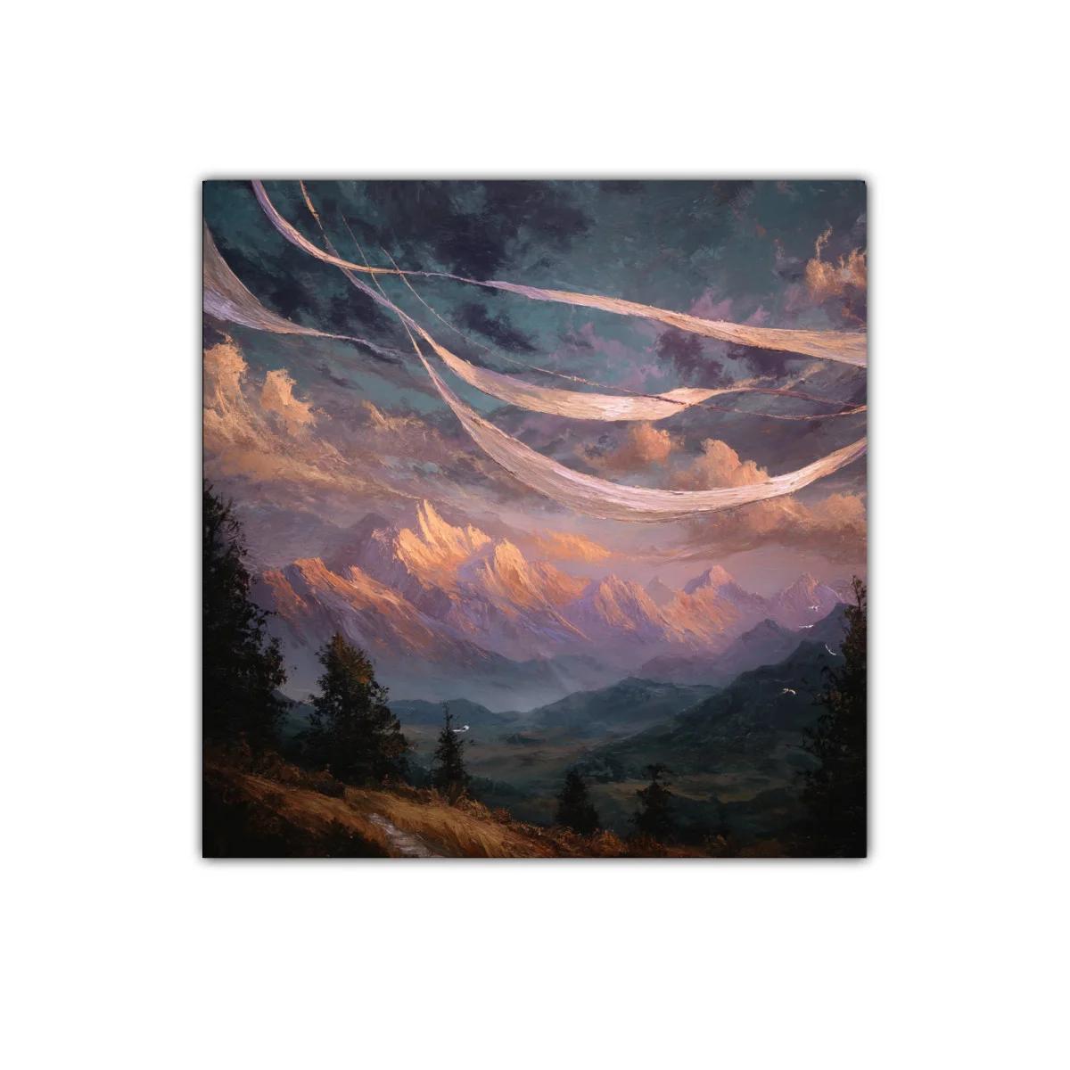 Paisaje montañoso con cielo dramático y nubes cálidas