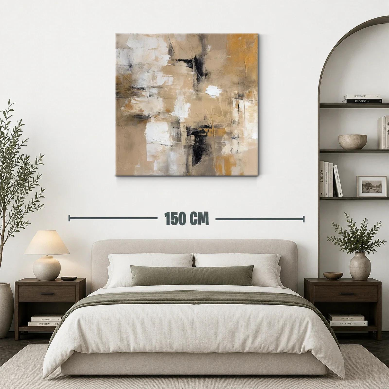 Cuadro abstracto en tonos beige y ocres con contraste negro — miniatura 3
