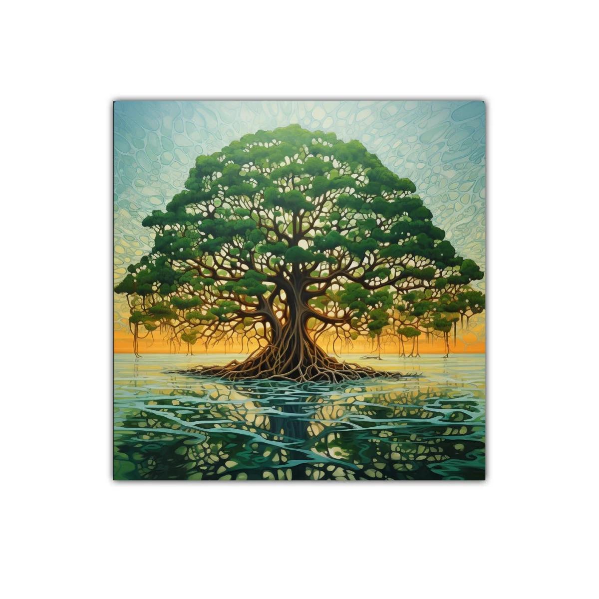 Esplendoroso árbol sobre aguas en luz cálida del atardecer — imagen principal