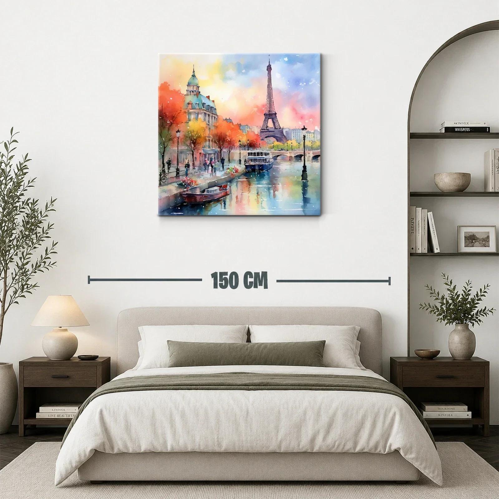 Paisaje urbano con la torre Eiffel y río al atardecer — miniatura 3