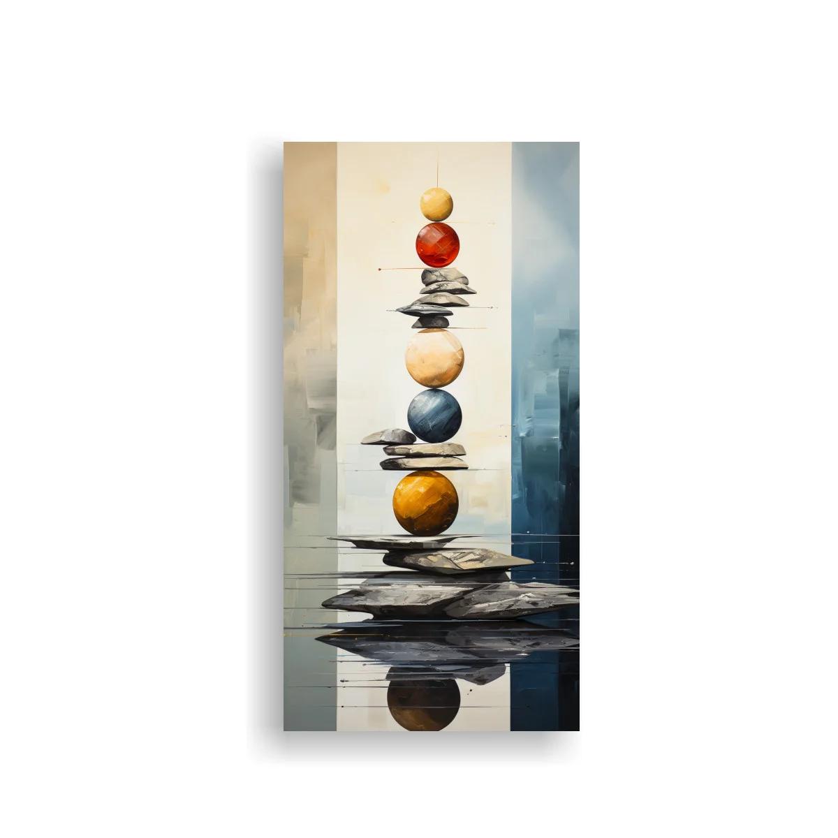 Cuadro torre de piedras con esferas y reflejo sobre agua