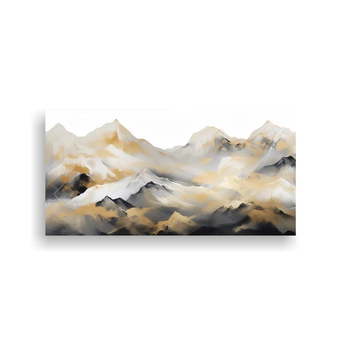 Cuadro cordillera de montañas con bruma y cumbres angulosas