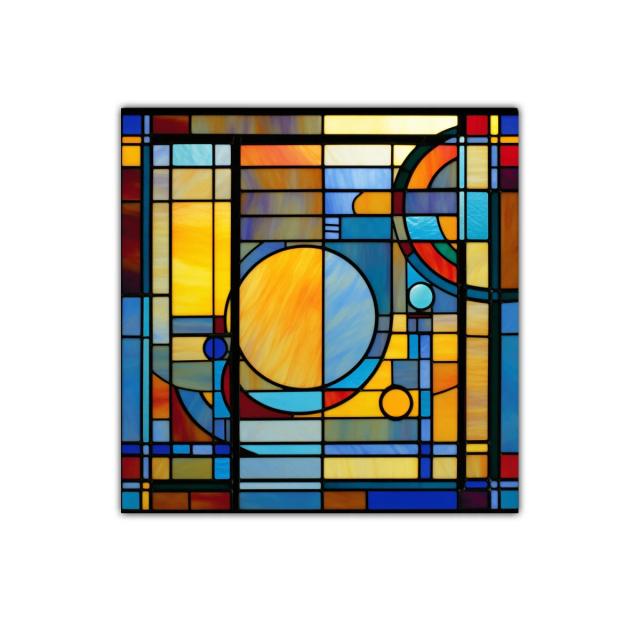 Cuadro geométrico con tonos cálidos y fríos en vitrales