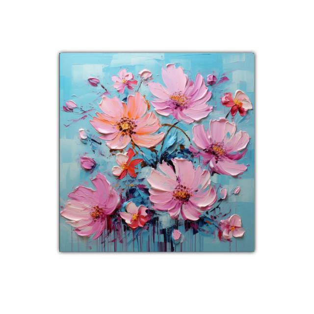 Cuadro decorativo con flores rosas sobre fondo azul celeste