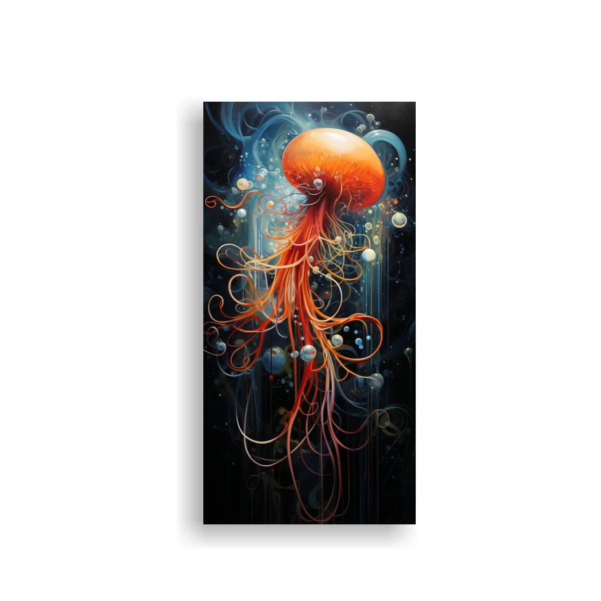 Cuadro medusa naranja con tentáculos luminosos