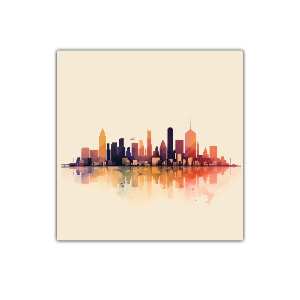 Panorámica urbana con reflejos en tonos cálidos y modernos