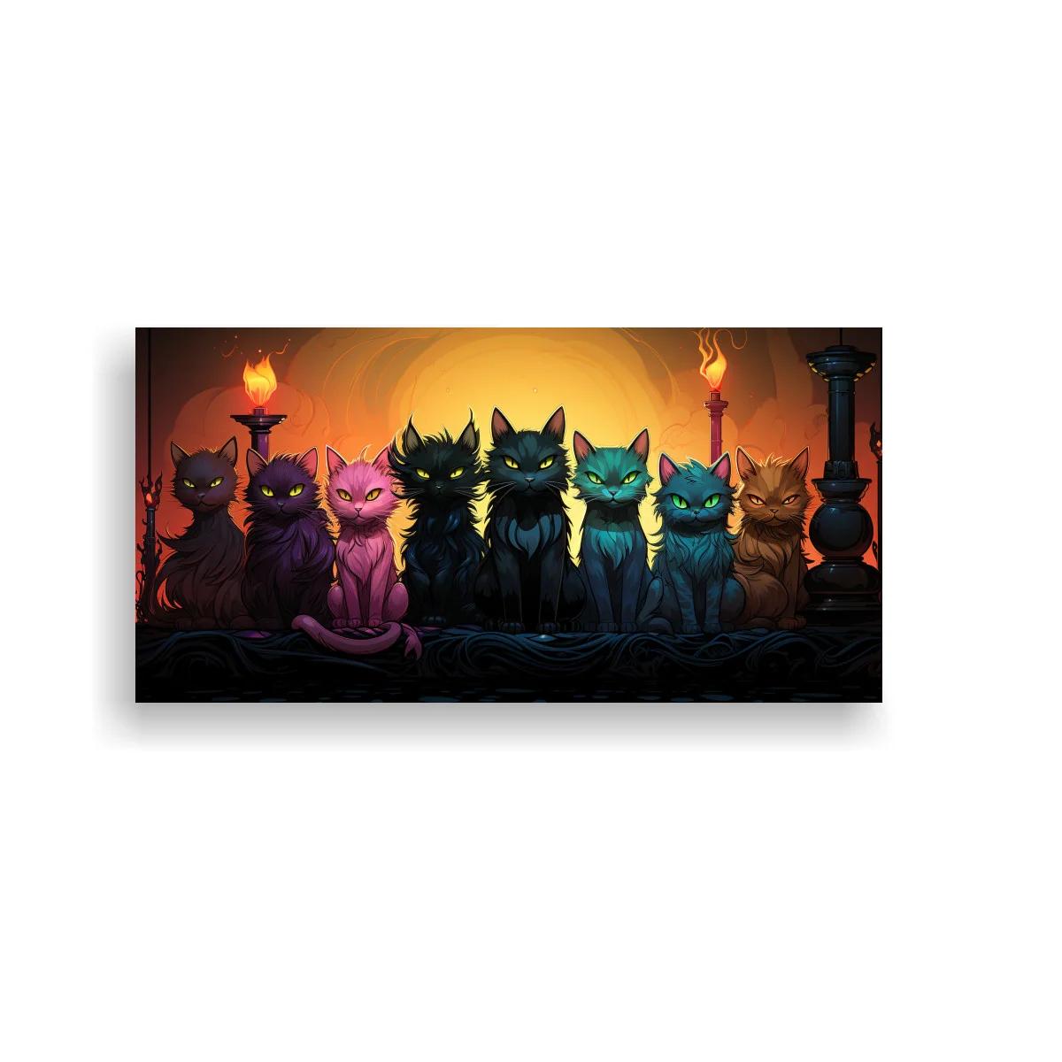 Cuadro grupo de gatos negros y de colores con velas y candelabros