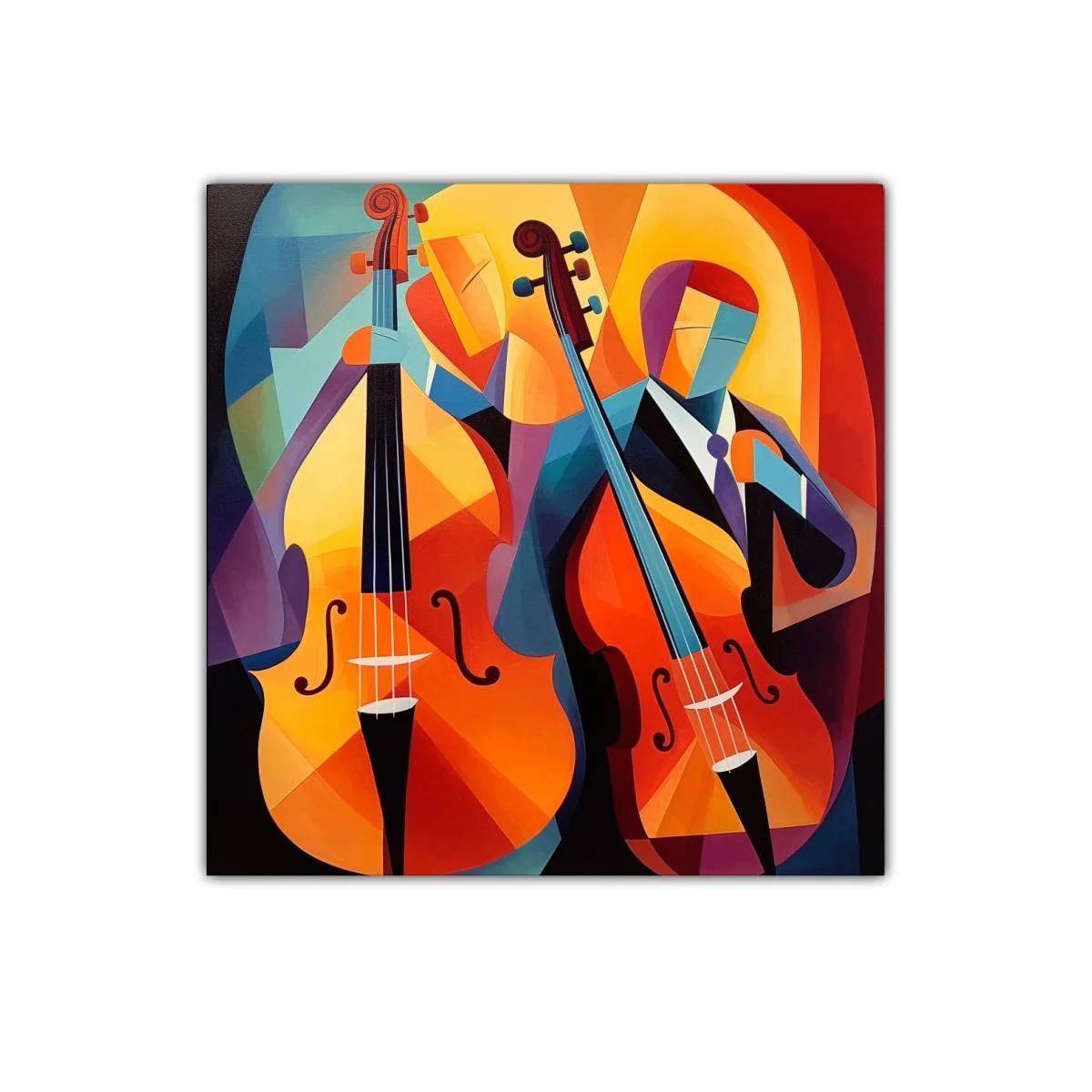 Cuadro vibrante con músicos y violonchelos en tonos cálidos — imagen principal