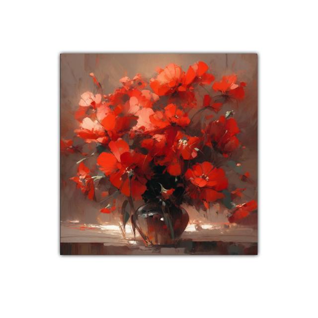 Ramo vibrante de flores rojas en jarrón oscuro